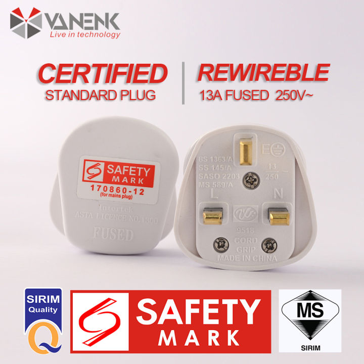Singapore Safety Mark Rewireable 13A 3 Pin Standard UK Plug Top with