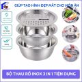 Bộ thau rổ inox 304 kèm nạo bào rau củ quả đa năng cao cấp 3 in 1, dễ dàng vệ sinh, siêu bền, tiện dụng cho nhà bếp. 