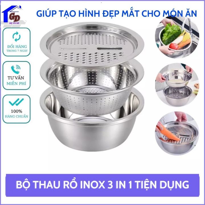 Bộ thau rổ inox 304 kèm nạo bào rau củ quả đa năng cao cấp 3 in 1, dễ dàng vệ sinh, siêu bền, tiện dụng cho nhà bếp