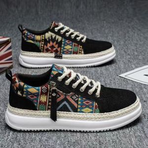 ZEEMIN Men Thick Sole Canvas Print Casual Board Shoes Spring Autumn New Ethnic Style Round Toe Lace Up Breathable Casual Sports Shoes