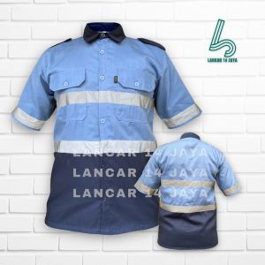 Baju Safety Wearpack Atasan Lengan Pendek Kombinasi Kemeja Safety K3 / Baju Proyek Tambang / Wearpack Kerja / Seragam Lapangan Kombinasi Biru Navy Pakai Skotlight