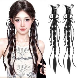 HOUCHU 1Pair Ribbon Black Bow Braid Ponytail Wig Fried Dough Twisted Braid Long Braiding Hair Extensions Hair Accessories Fluffy Claw Clip Double Ponytail Women/Girls