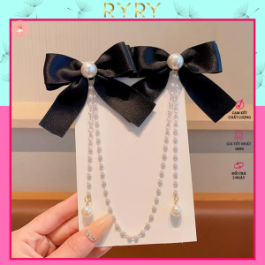 Set 2 Kẹp Tóc Nơ Tiểu Thư Đính Dây Ngọc Xinh Xắn Đáng Yêu Cho Bé Gái