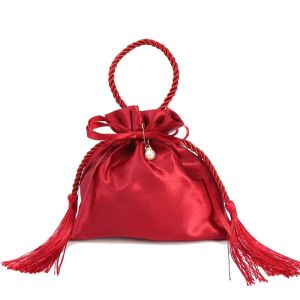 10 ชิ้น ถุงใส่ขนมสีแดง พร้อมพู่ / ถุงเชือกผูกของขวัญคริสต์มาส / ถุงของชำร่วยงานแต่งงานแบบจีน / ถุงบรรจุภัณฑ์ของขวัญงานแต่งงาน คริสต์มาส วันเกิด