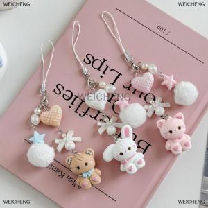 [COD] WEICHENG Cute Rabbit Kitty Bear Pendant Key Chain Fluffy Ball Bow Bead Mobile Phone Chain Anti-Lost Lanyard Kawaii Bag Charm Gift