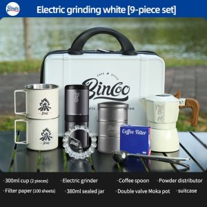 BINCOO Outdoor Moka Pot Set with Carry Case Double-Valve Camping Set Coffee Pot with Manual Grinder Set Complete Portable Coffee Equipment Set