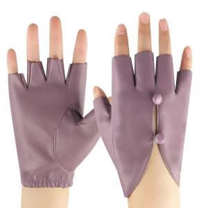IFFINE Thiết kế hở ngón tay Găng tay nửa ngón Da PU Thiết kế thời trang Găng tay không ngón Thanh lịch Lỗ cài nút chống trượt Găng tay đi xe đạp Dành cho phụ nữ