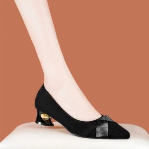 Free Shipping Black Pointed-Toe Rhinestone-Embellished Shallow-Cut Pumps For Women New Spring Collection Comfortable Mid- To Low-Heeled Work Shoes