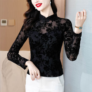 AMMIN 2025 Autumn New Stand Collar Retro Button Mesh Flocked Burnt Flower Design Shirt for Women New Chinese Style Personality Patchwork Long Sleeve Elegant Blouse