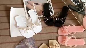 [Free Shipping] Crystal Sandals For Women Beach Jelly Shoes Fashionable Square-Toed Studded Flip-Flops Jelly Flat Sandals