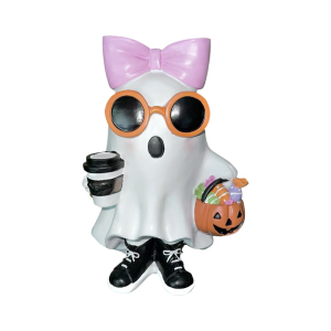White Ghoul Girl Statue with Pink loop Pumpkin and Hot Resin Halloween Decoration Cute Spooky Tabletop Decor for Home Mantel Desk and Party Decorations