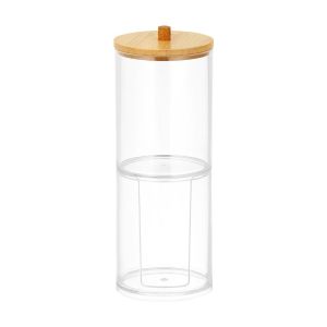 K9SEQ Acrylic Clear Bathroom with Bamboo Lid Makeup Cotton Pad Organizer Storage Box Cotton Swabs Rod Bottle