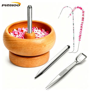PHYHOO 4PCS Wooden Bead Bowl with Needle Jewelry Spatula & Stainless Steel Tweezers DIY Handmade Jewelry Making Tool Kit
