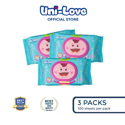 UniLove Unscented Baby Wipes 100s Pack of 3 - 99% Water| Hypoallergenic | Alcohol Free | No harmful chemicals | with Aloe Vera | Safe & Gentle | FDA Approved