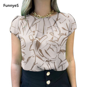 Women Vintage Daily Round Neck Pleated Ruffles Short-Sleeved Printed Blouses L2328