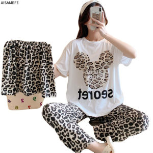 AISAMEFE Bộ Đồ Ngủ Nữ Bộ Đồ Quần Ngắn Tay Mùa Hè Quần Áo Mặc Nhà Kẻ Sọc Hoạt Hình Gấu Da Báo Dáng Rộng 3 Món