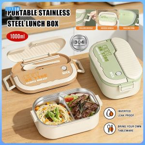 1000ml Lunch Box 304 Stainless Steel Large Capacity Portable Bento Box Food Container Lunch Box For Adult Leak-proof Travel Lunch Box Includes Cutlery Juxutt