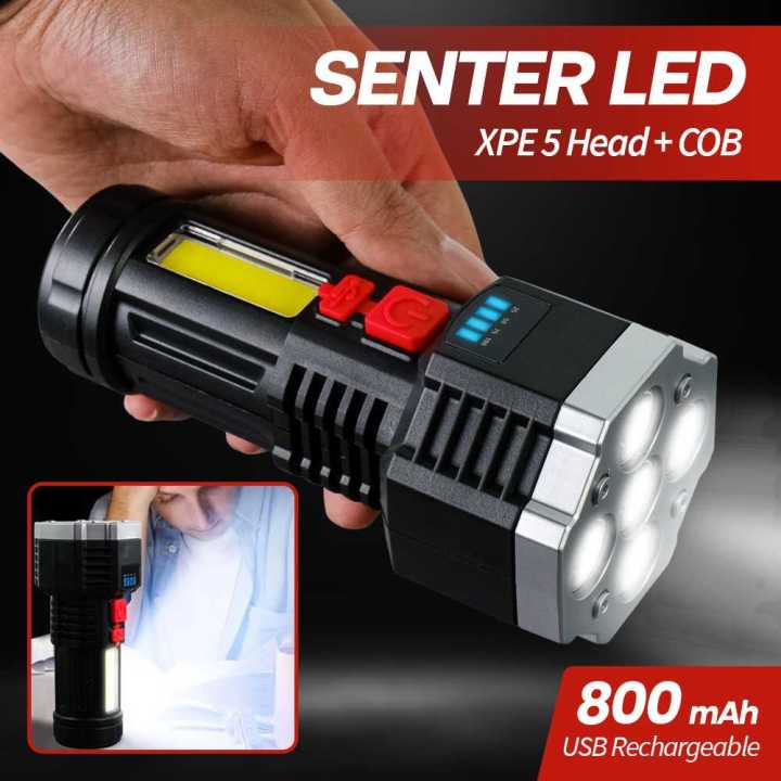 Senter Senter LED USB Rechargeable Flashlight XPE 5 Head + COB 800mAh Cahaya ...