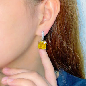 SEQUITO Delicate Micro Pave Cubic Zirconia Small Round Hoop with Square Yellow Topaz Drop Fashion Chic French Earrings for Ladies SE592