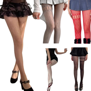 Womens Aesthetic Hollowed Out Fishnet Mesh Tights Stockings Asymmetrical Heart Striped Lace Patterned Lingerie Pantyhose