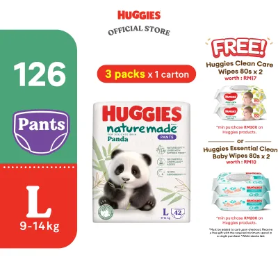 Huggies Naturemade Panda Pants Diapers M56 / L42 / XL36 / XXL24 (3 Packs) - Super Premium Baby Diaper with Bamboo Fiber