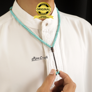 Kalung Tasbih Batu Akik Pirus Persia ASLI Biru Super Natural Urat Emas 99 Butir