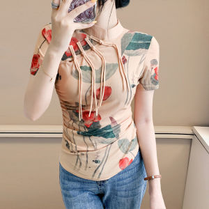 Yimei thiết kế tiên tiến Trung Quốc-Chic phong cách dân tộc Khóa Đứng Cổ Áo In Sườn Xám Áo Thun Tay Ngắn Của Phụ Nữ Mùa Hè Gạc Đáy Áo Sơ Mi Top 2025