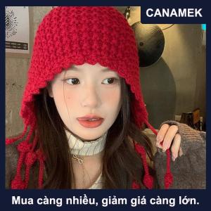 【CANAMEK】 Ngọt ngào handmade mùa thu mùa đông dệt kim Beanies hat len ấm tai bảo vệ hat Windproof tua Áo Thun hat