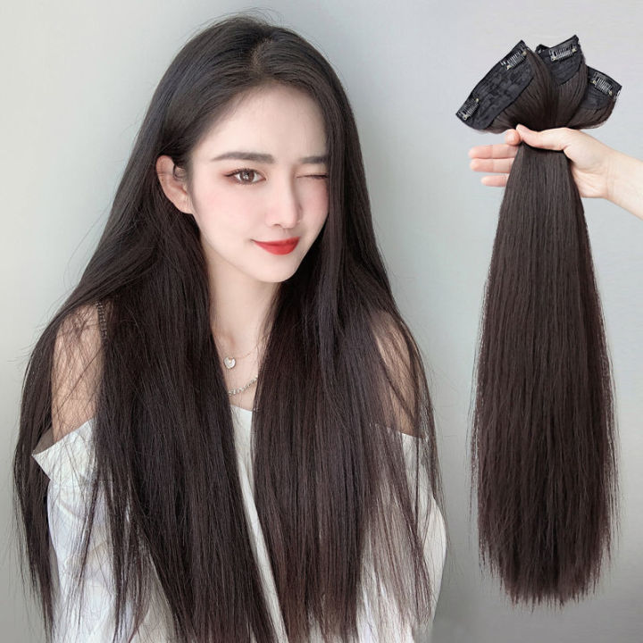 24Inch Straight Clip in Hair Extensions Natural Black Synthetic Fake Hair Pieces Highlight Hair Heat Friendly Fiber Lazada PH