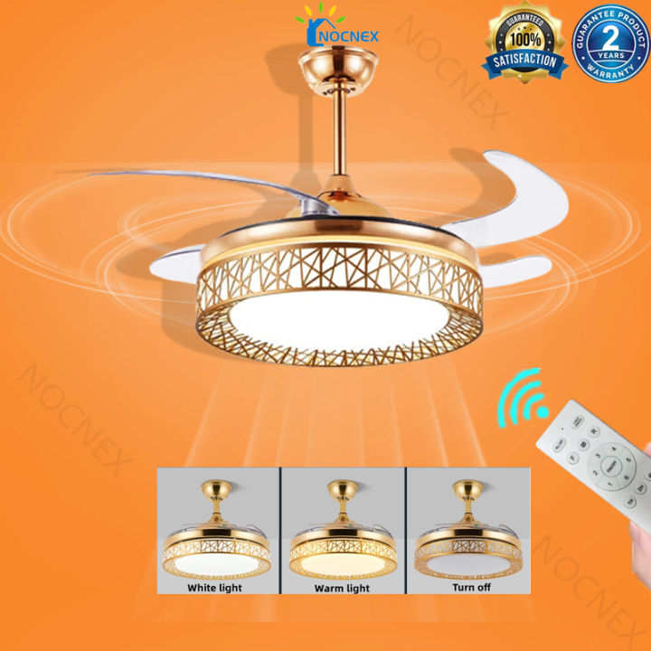 Nordic Tri Color Retractable Invisible Fan Leaf Fan Chandelier Ceiling Light LED Modern 42‘’/48