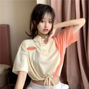 【REDYSTOCK】Crop polo tee women short sleeves polo blouse collared top 现货polo T恤女 拼色上衣 短款露腰上衣 港味chic短款t恤 ins翻领上衣