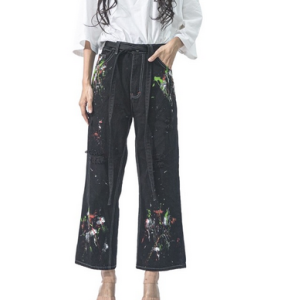 Celana Jeans Wanita High Waist dengan Motif Rainbow Splatter