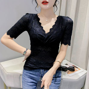 REHIN Womens top Lace short-sleeved T-shirt V-neck lace fashionable small blouse