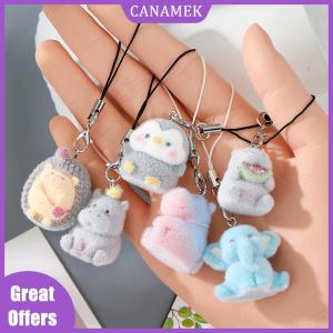 CANAMEK✨ Fun Cartoon Flocking Animal Keychains Phone Lanyard Resin Cute Hexagonal Hedgehog Hippos Bag Earphone Case Pendant Girls Gift