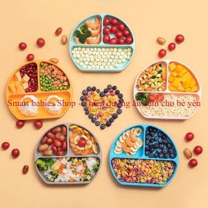 Khay Silicon 3 ngăn có đế hít chân không chống đổ tone màu pastel phong cách Hàn Quốc