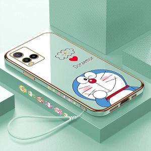 Casing Case For Vivo Y21A hp vivoy21a vivi y21a y21 a Case For Girls Free Lanyard + Cute Cartoon Doraemon Square Edge Pattern Casing Plated Phone Shell Luxury Plating Soft Phone Case