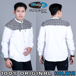 Baju Koko Dewasa HILWA COLLECTION Original Motif Falcon Seragam Hadroh Baju Muslim Pria Lengan Panjang Warna Putih Hitam Kombinasi Batik