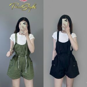 Quần Jean Short Túi Hộp Rút Eo Nắp Túi Yếm Hai Dây Chun Eo Ống Rộng