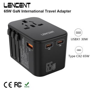65W GaN Universal Travel Adapter with 1USB Dual Type C PD3.0 All-in-one Travel Charger EU/UK/USA/AUS Plug for Travel