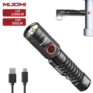 MIJOMI S701 LED Flashlight 1300 Lumens 8 modes with 500 lumens COB Work Light 178meters Long beam distances 21700 Type-C 4000mAH Rechargeable Flashlight IP64 waterproof flashlights for industrial work lighting & Outdoor automotive repair