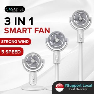 (SG) CASADISE 3-In-1 Smart Fan 3 Blades Circulation Stand Fan Strong Wind 5 Speed Adjustable - Plug-in/Charging (White)
