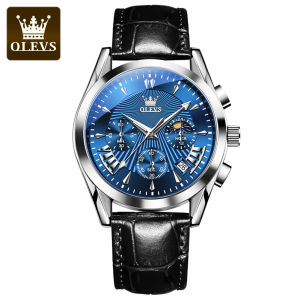 OLEVS Fashion Watch for Men Original Branded Waterproof Leather Quartz Multifunction Date Moon Phase Luminous Chronograph