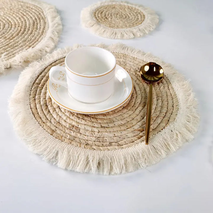 4 Pcs Beige and Grey Boho Chic Woven Cotton Placemat with Tassels - Nordic Bohemian Style(Tableware is a prop for shooting and is not included) main image 0