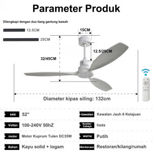 52-inch ceiling fan solid wood ceiling fan 6-speed ceiling fan light silent pure copper DC motor variable frequency fan LED fan suitable for living room dining room bedroom home and other places.