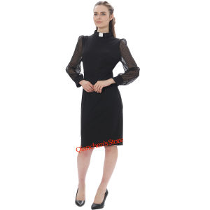 Clergy Womens Dress Business Pencil Dress Tab Collar For Priest Pastor Minister Long Puff Sleeve Bodycon Dresses