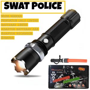 Senter Police Swat 2 Lali Cone Double Polisi Baterai Kompas Senter Led Multifungsi Super Terang Tahan Air Swat SX-8008