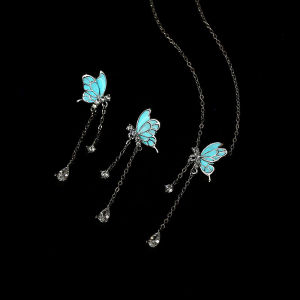 925 Silver Elegant Sparkling Zircon Tassel Earrings Blue Luminous Butterfly Necklace Womens Jewelry 2-piece Set