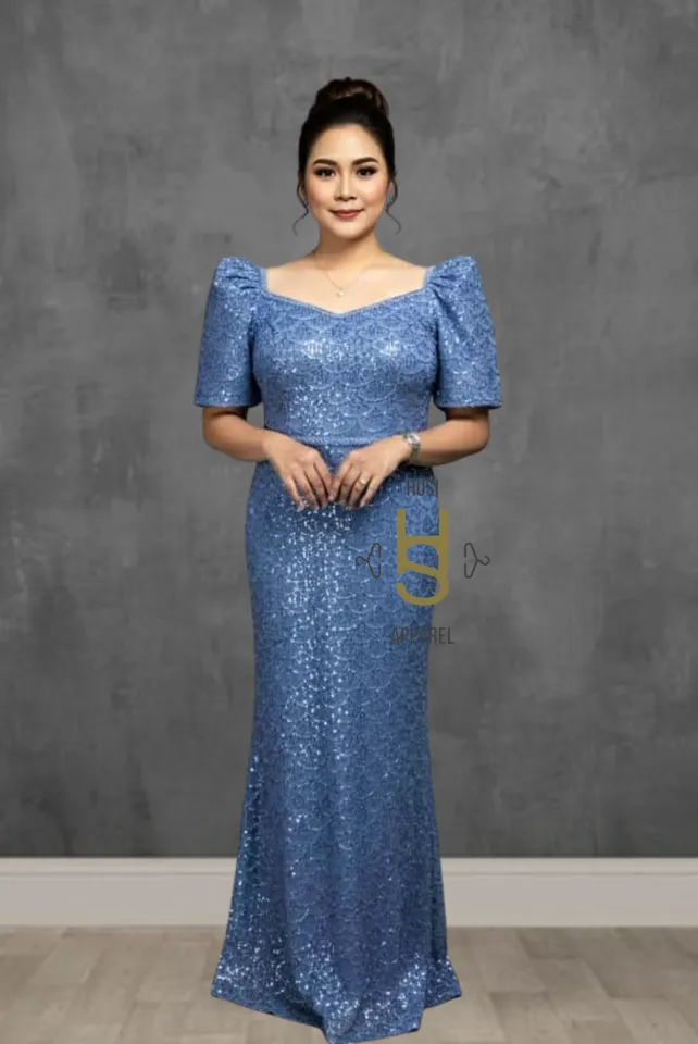 filipiniana blue dress Tulle Dusty Blue Flowy Long Prom Dress main image 1