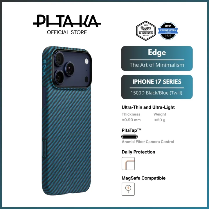 PITAKA iPhone 17 Pro/Pro Max - Ultra-Slim Edge Case - Magnetic/PitaTap™ Button (Black/Blue)