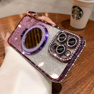 CrashStar Magsafe Stand Makeup Mirror Glitter Diamond Edge Gorgeous Fashion Hard Shockproof Phone Case For iPhone 16 15 14 Pro Max Plus 13 12 11 Pro Max Wireless Charging Phone Casing Gradient Bling Luxury Phone Cover With Glitter Lens Films Protection